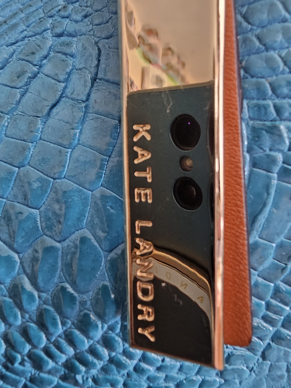 Kate Landry Turquoise Croc-Embossed Tote with Brown Straps - Picture 3 of 9